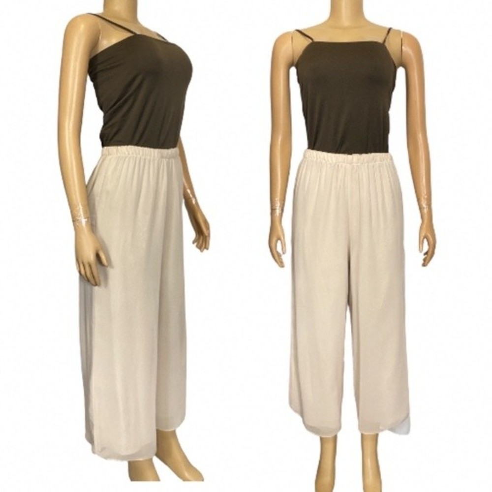90s Sheer Wide Legs Skirt pants Cropped lined Flowy Beige Cream size M